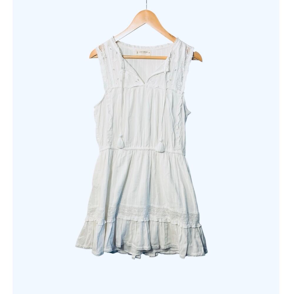 Lucky Brand Cream Lace Trim Tiered Peasant Dress Cottagecore Coquette Boho Sz M